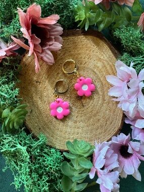 Handmade Polymer Clay Gold Colored Hot Pink Flower Earrings